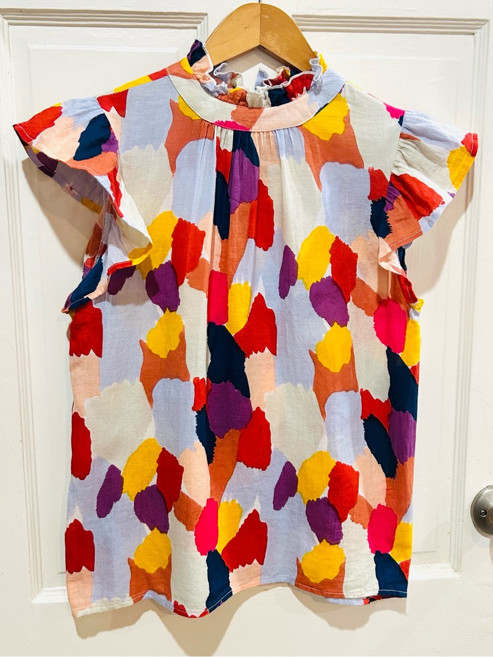 THML Colorful Abstract Print Ruffle Sleeve Cotton Top Dopamine Dressing Size S